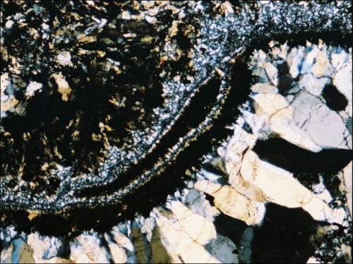 Vug-filling goethite (dark), chalcedony & quartz. X-axis of photo: 2.3mm. XN